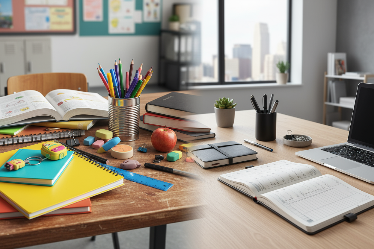 an school table with notebooks and stationery products that transits to a desktop table with stationary products, agenda and planer well organized office beacgroud 